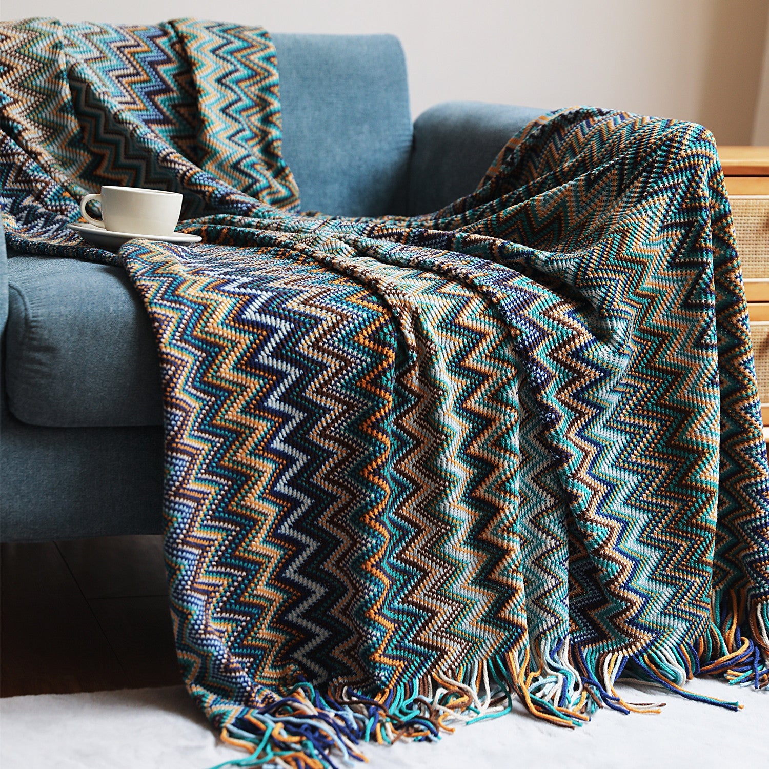 Bohemian Sofa Blanket Cross Border Knitting Blanket Office Nap Blanket Air Conditioning Blanket Blue 0 - Tophatter Daily Deals