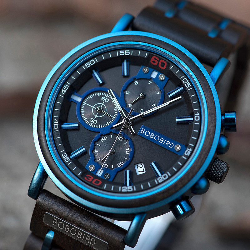 Blue Wooden Chronograph Watch 7 - Tophatter Daily Deals