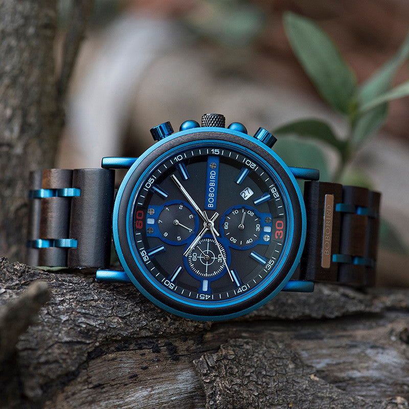 Blue Wooden Chronograph Watch 7 - Tophatter Daily Deals