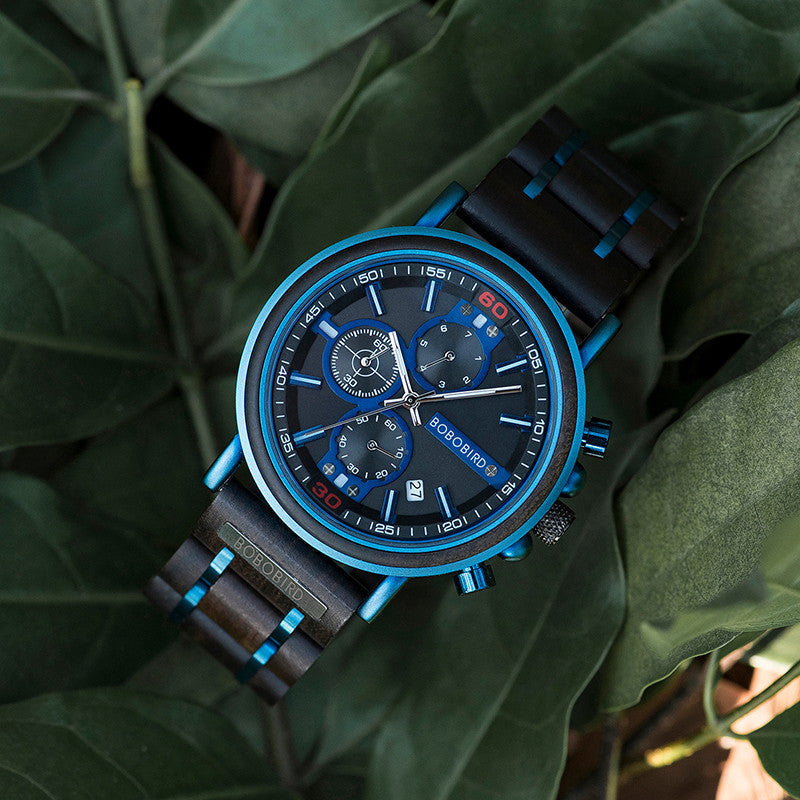Blue Wooden Chronograph Watch 7 - Tophatter Daily Deals