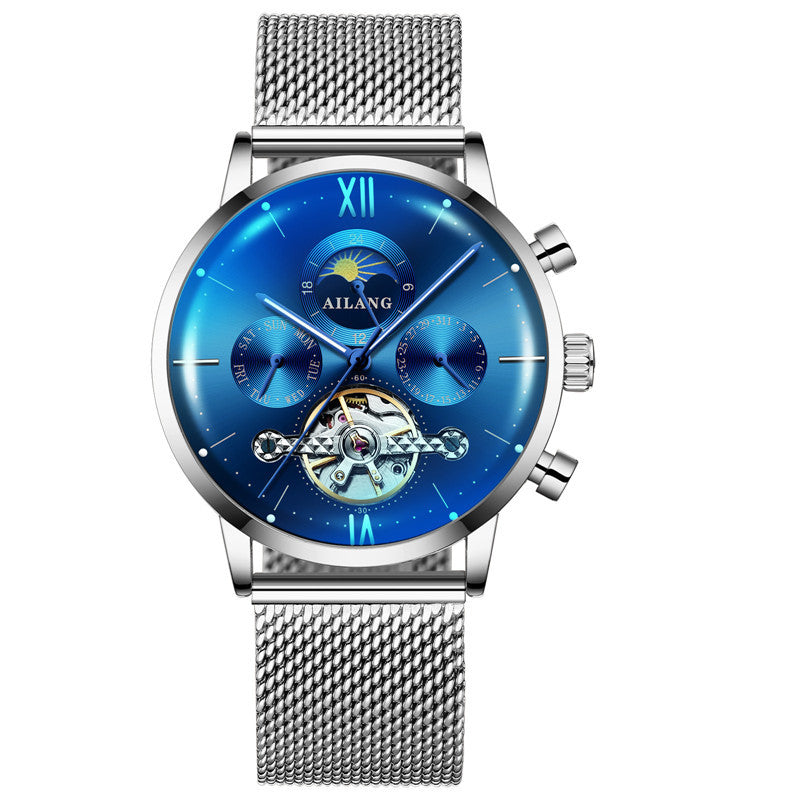 Ailang Multi Function Automatic Mechanical Watch Men''s Watch Silver shell blue surface 0 - Tophatter Daily Deals