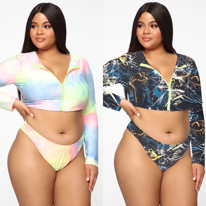 Bikini Long Sleeve Zipper Swimsuit Plus Size Colorful Sexy Plus Size Swimsuit 0 - Tophatter Daily Deals