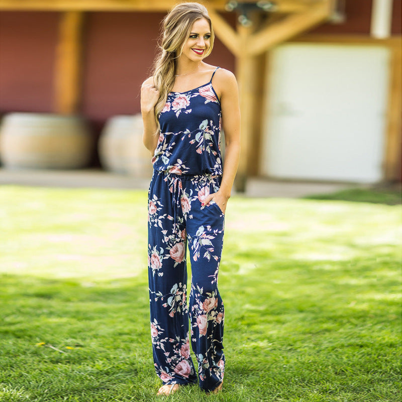 2019 Hot Sale European And American New Product Sling Printed Lace-Up Tall Large Loose Wide Leg One-Piece Long Pants Blue 0 - Tophatter Daily Deals