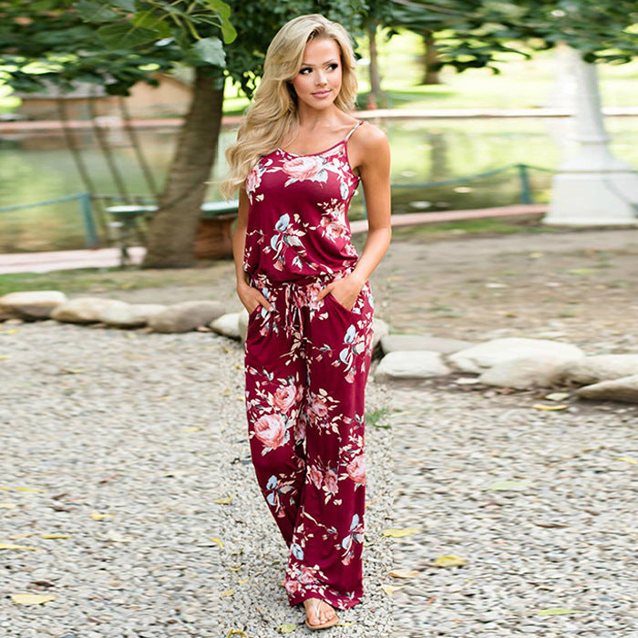 2019 Hot Sale European And American New Product Sling Printed Lace-Up Tall Large Loose Wide Leg One-Piece Long Pants Red 0 - Tophatter Daily Deals