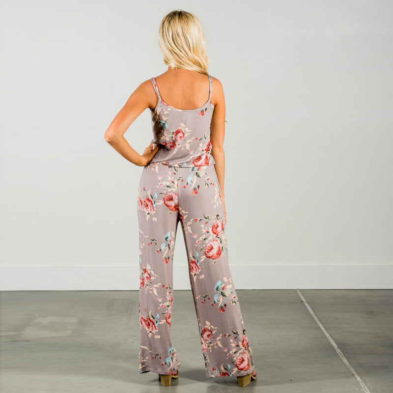 2019 Hot Sale European And American New Product Sling Printed Lace-Up Tall Large Loose Wide Leg One-Piece Long Pants Khaki 0 - Tophatter Daily Deals