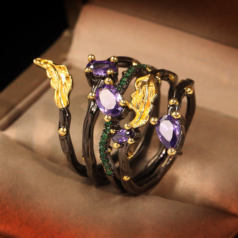 Black Gold Two-Tone Inlaid Purple Zircon Spring Ring 0 - Tophatter Daily Deals