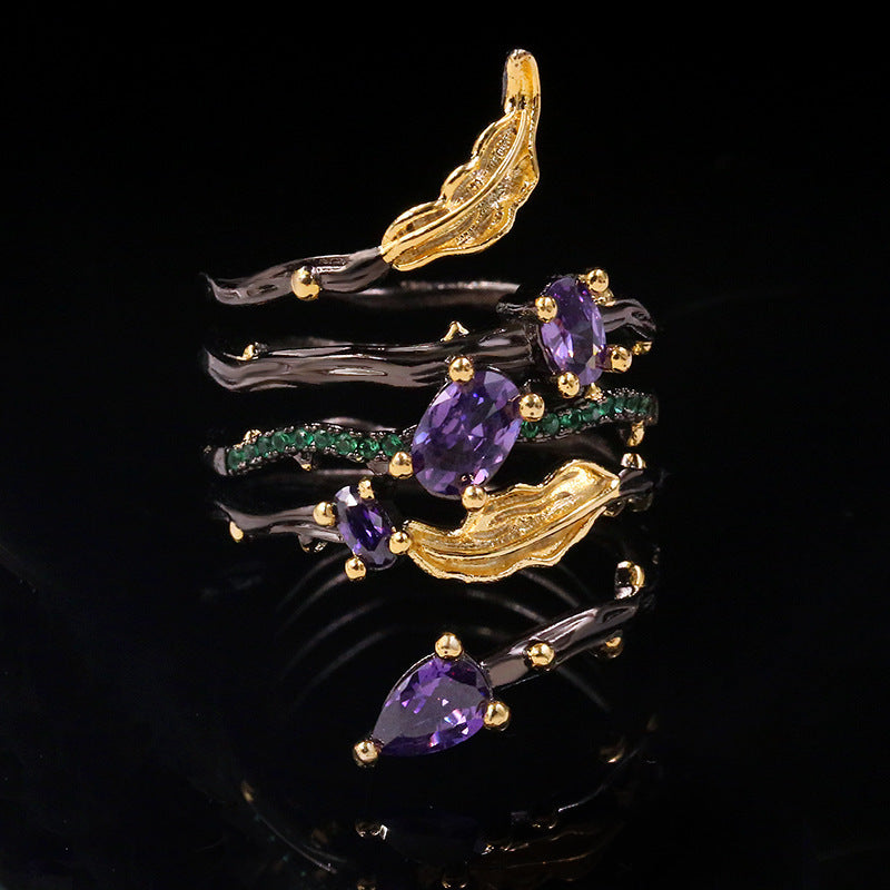 Black Gold Two-Tone Inlaid Purple Zircon Spring Ring 0 - Tophatter Daily Deals