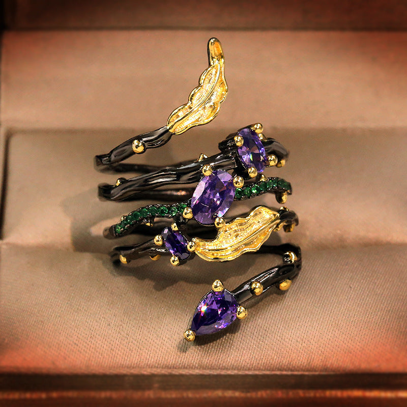 Black Gold Two-Tone Inlaid Purple Zircon Spring Ring Purple 0 - Tophatter Daily Deals