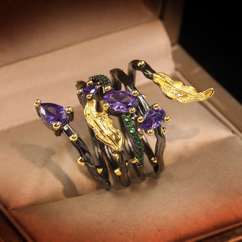 Black Gold Two-Tone Inlaid Purple Zircon Spring Ring 0 - Tophatter Daily Deals