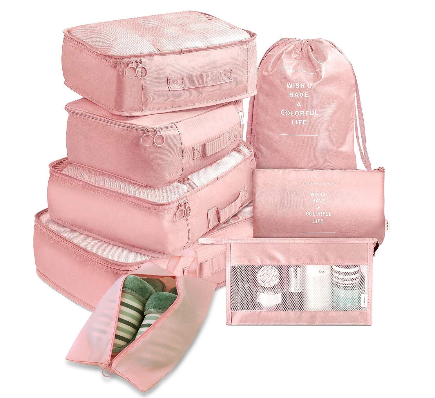 8-piece Set Luggage Divider Bag Travel Storage Clothes Underwear Shoes Organizer Packing Cube Bag Pink 8 piece set 0 - Tophatter Daily Deals