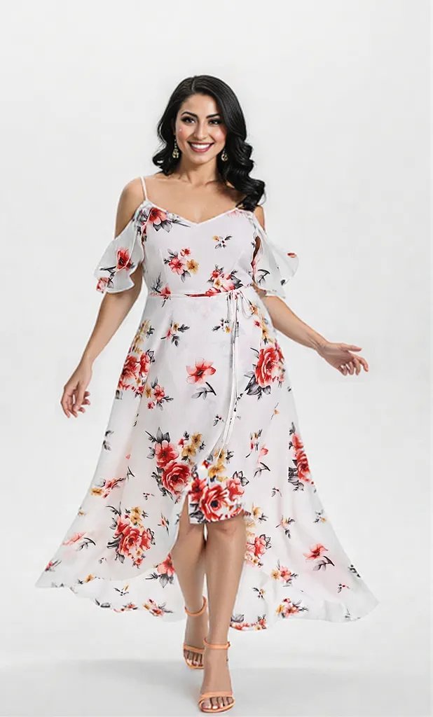 Beautiful Floral Print Women Summer Plus Size Loose Beach Long Dress Skirt White 0 - Tophatter Daily Deals