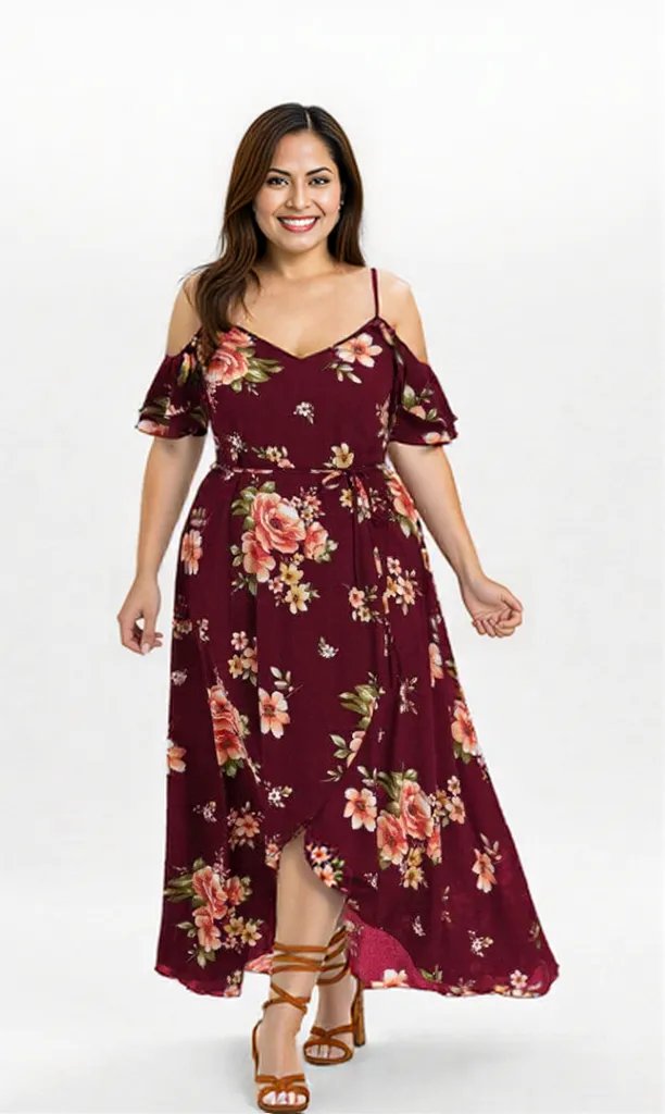 Beautiful Floral Print Women Summer Plus Size Loose Beach Long Dress Skirt Red 0 - Tophatter Daily Deals