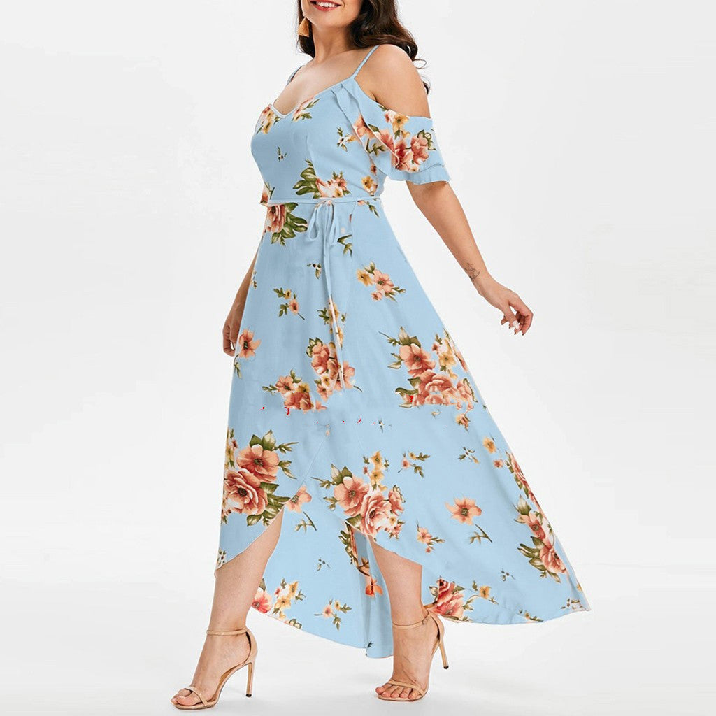 Beautiful Floral Print Women Summer Plus Size Loose Beach Long Dress Skirt Blue 0 - Tophatter Daily Deals