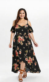 Beautiful Floral Print Women Summer Plus Size Loose Beach Long Dress Skirt Black 0 - Tophatter Daily Deals