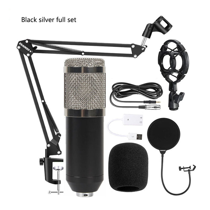 Bm800 Condenser Microphone Microphone V8 Sound Card Cross-Border Anchor Computer Recording Bracket Large Diaphragm Live Broadcast Set Black silver full set 0 - Tophatter Daily Deals