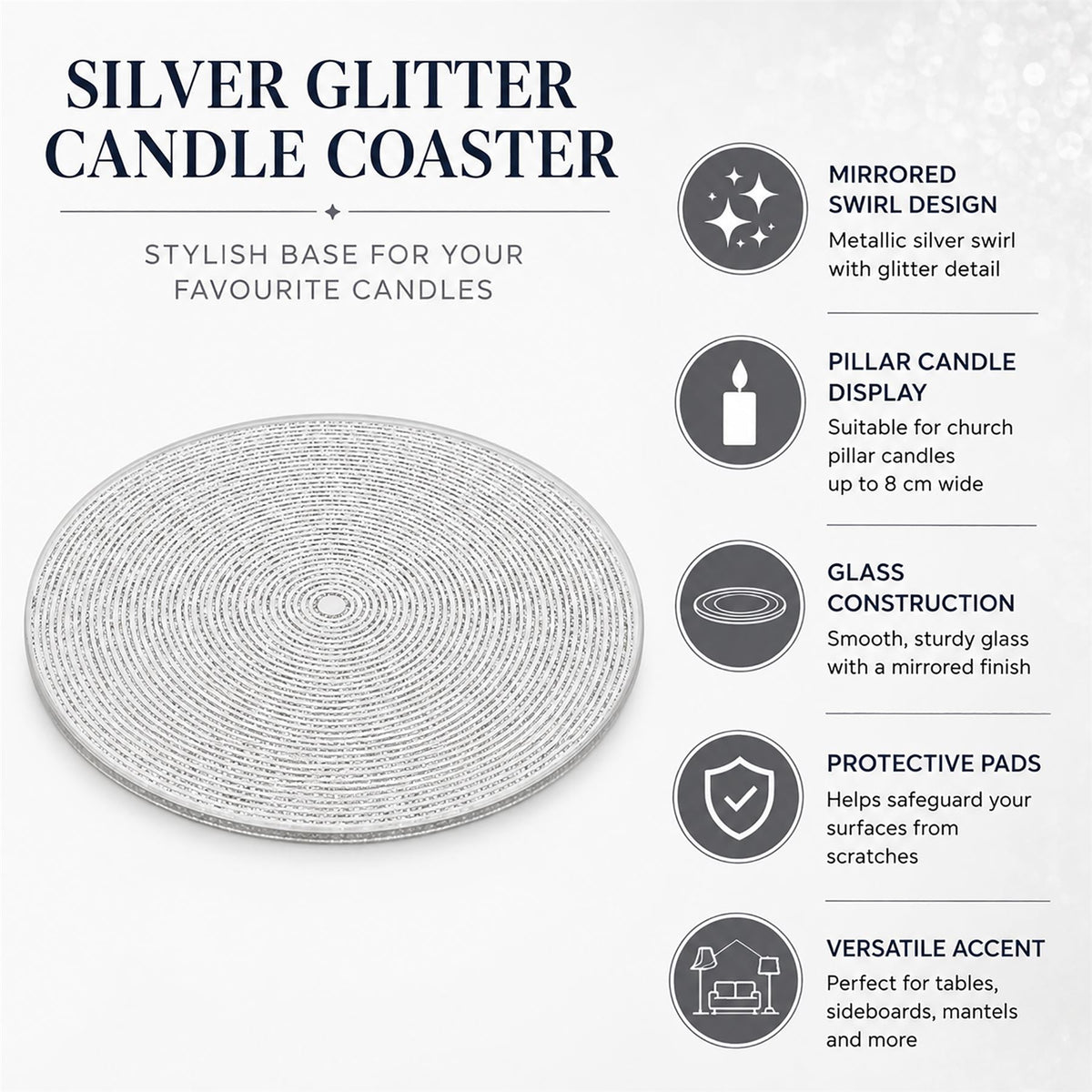 Silver Glitter Candle Coaster, 10cm Glass Candle Plate for Pillar Candles Candle Plate - Tophatter Daily Deals