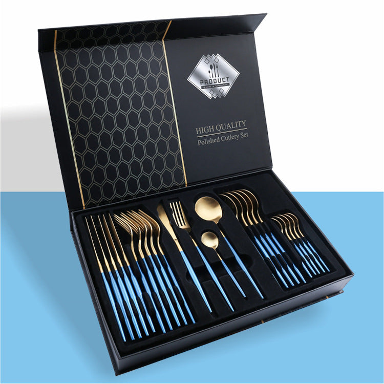 24 Piece Set Of 304 Stainless Steel Knife Gift Box Blue gold 0 - Tophatter Daily Deals