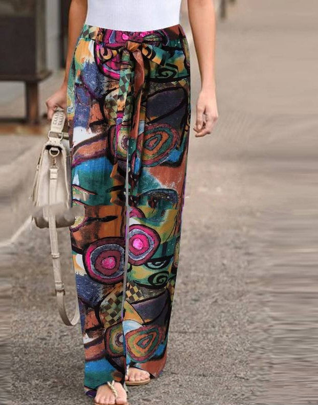 Autumn Fashion Printed Loose Pants Elastic Belt Wide Leg Pants B 0 - Tophatter Daily Deals