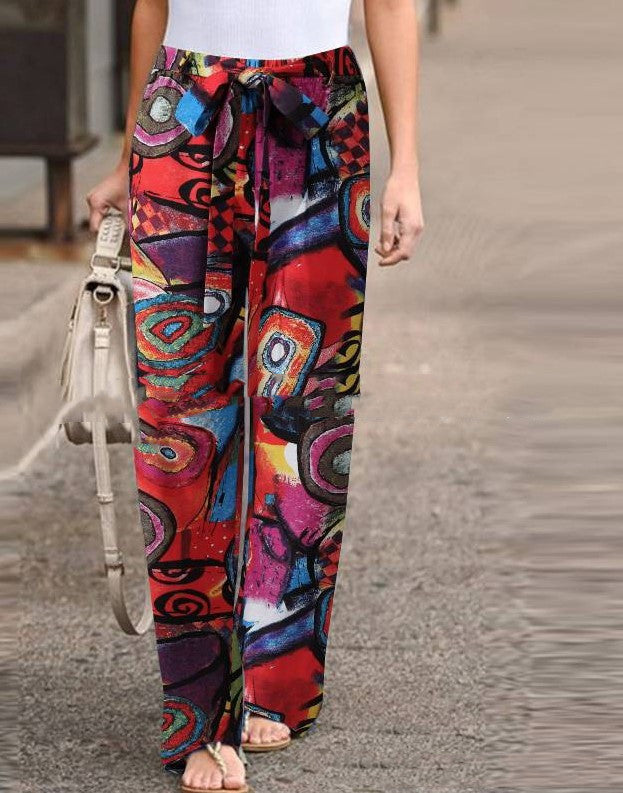 Autumn Fashion Printed Loose Pants Elastic Belt Wide Leg Pants 0 - Tophatter Daily Deals