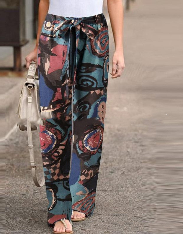 Autumn Fashion Printed Loose Pants Elastic Belt Wide Leg Pants 0 - Tophatter Daily Deals