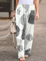 Autumn Fashion Printed Loose Pants Elastic Belt Wide Leg Pants White 0 - Tophatter Daily Deals
