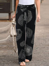 Autumn Fashion Printed Loose Pants Elastic Belt Wide Leg Pants Black 0 - Tophatter Daily Deals