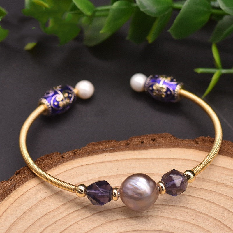 Baroque Purple Pearl Crystal Stretch Bracelet 0 - Tophatter Daily Deals