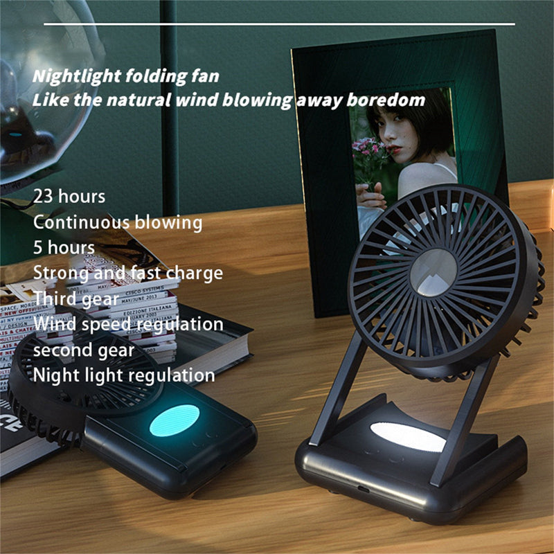 23 Hours Mini Silent Handheld Fan LED Night Light Fan Desktop Folding Small Electric Fan Portable Fan 0 - Tophatter Daily Deals