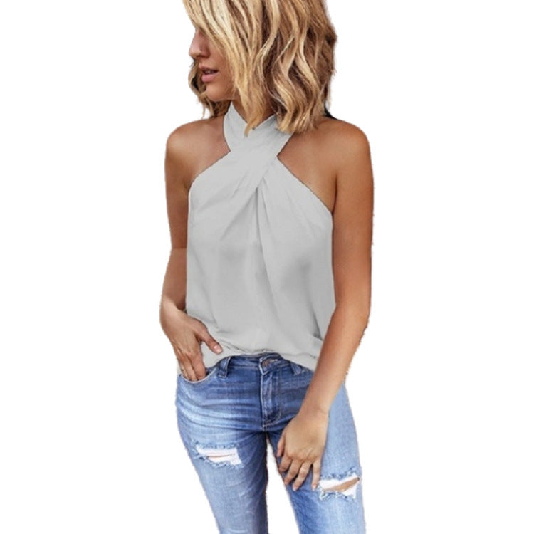 Back zipper halter solid color stitching top GREY XXL 0 - Tophatter Daily Deals