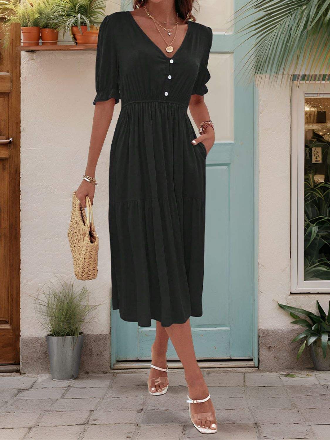 Ruched V-Neck Half Sleeve Midi Dress Black Casual Dresses - Tophatter Daily Deals