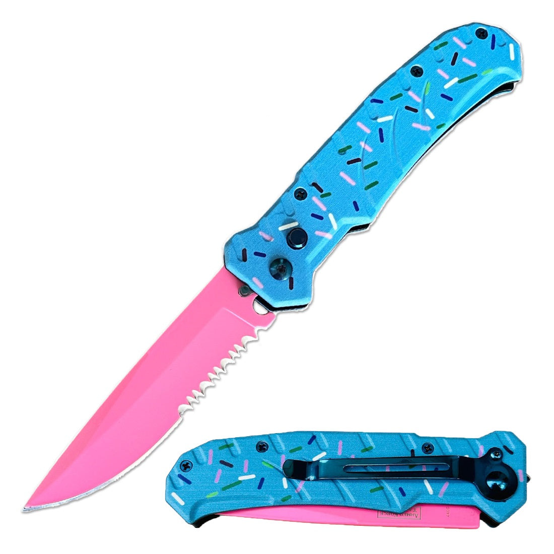 4.5" Closed Pink Blade Switch Blade Automatic Knife - Blue Sprinkles - Tophatter's Guns'N'Weapons Store Collectible Weapons - Tophatter Daily Deals