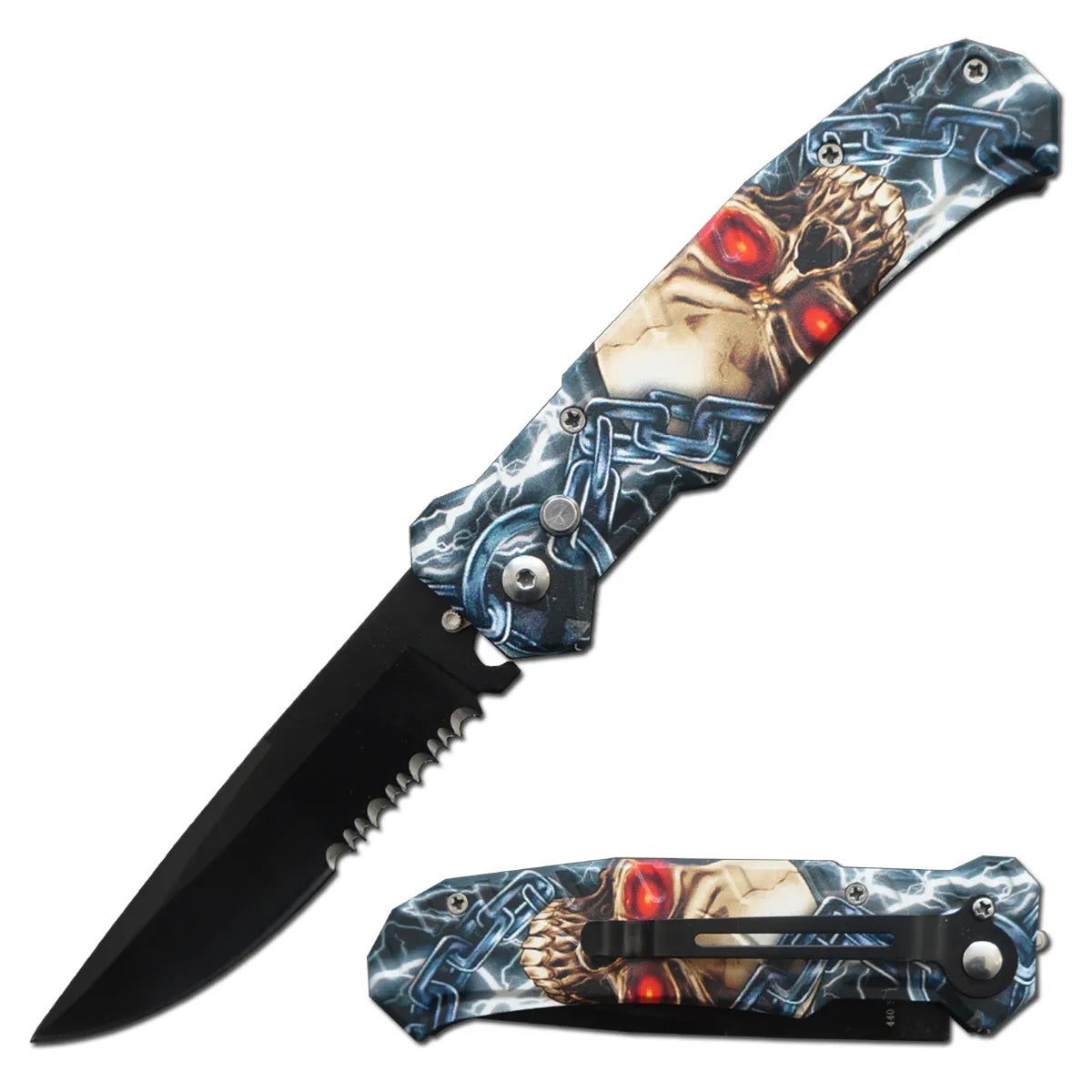 4.5" Closed Ballistic Switch Blade Automatic Knife - Skull Chain - Tophatter's Army Products & Self Defense Collectible Weapons - Tophatter Daily Deals