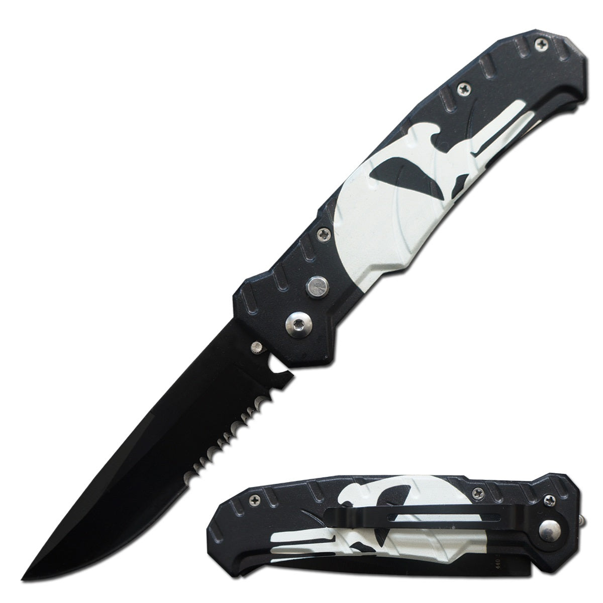 4.5" Closed Ballistic Switch Blade Automatic Knife - Skull Punisher - Tophatter's Guns'N'Weapons Store Collectible Weapons - Tophatter Daily Deals