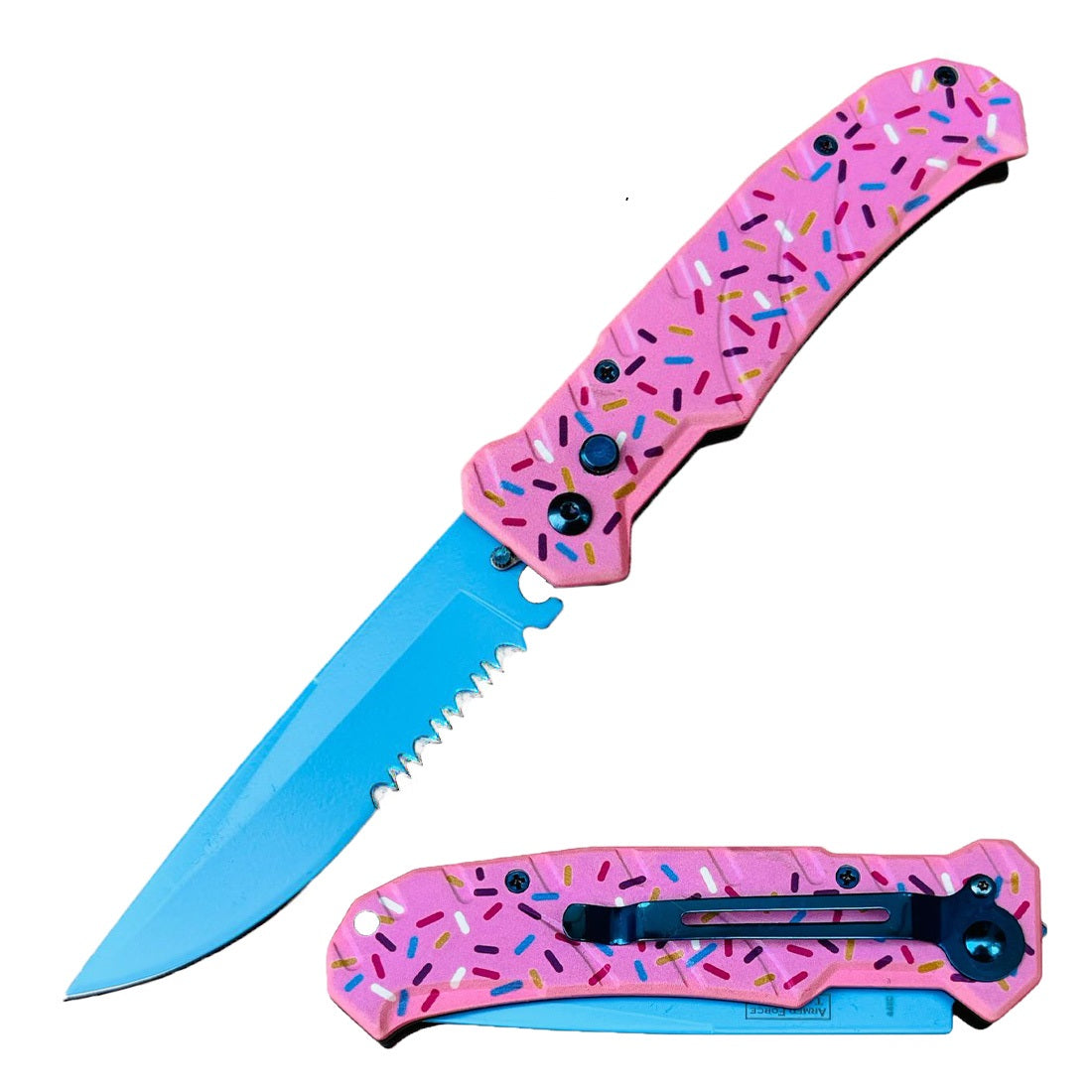 4.5" Closed Blue Blade Switch Blade Automatic Knife - Pink Sprinkles - Tophatter's Army Products & Self Defense Collectible Weapons - Tophatter Daily Deals