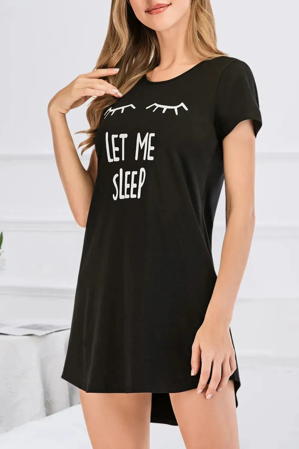 Graphic Round Neck Short Sleeve Lounge Dress Black Sleep Dresses - Tophatter Daily Deals