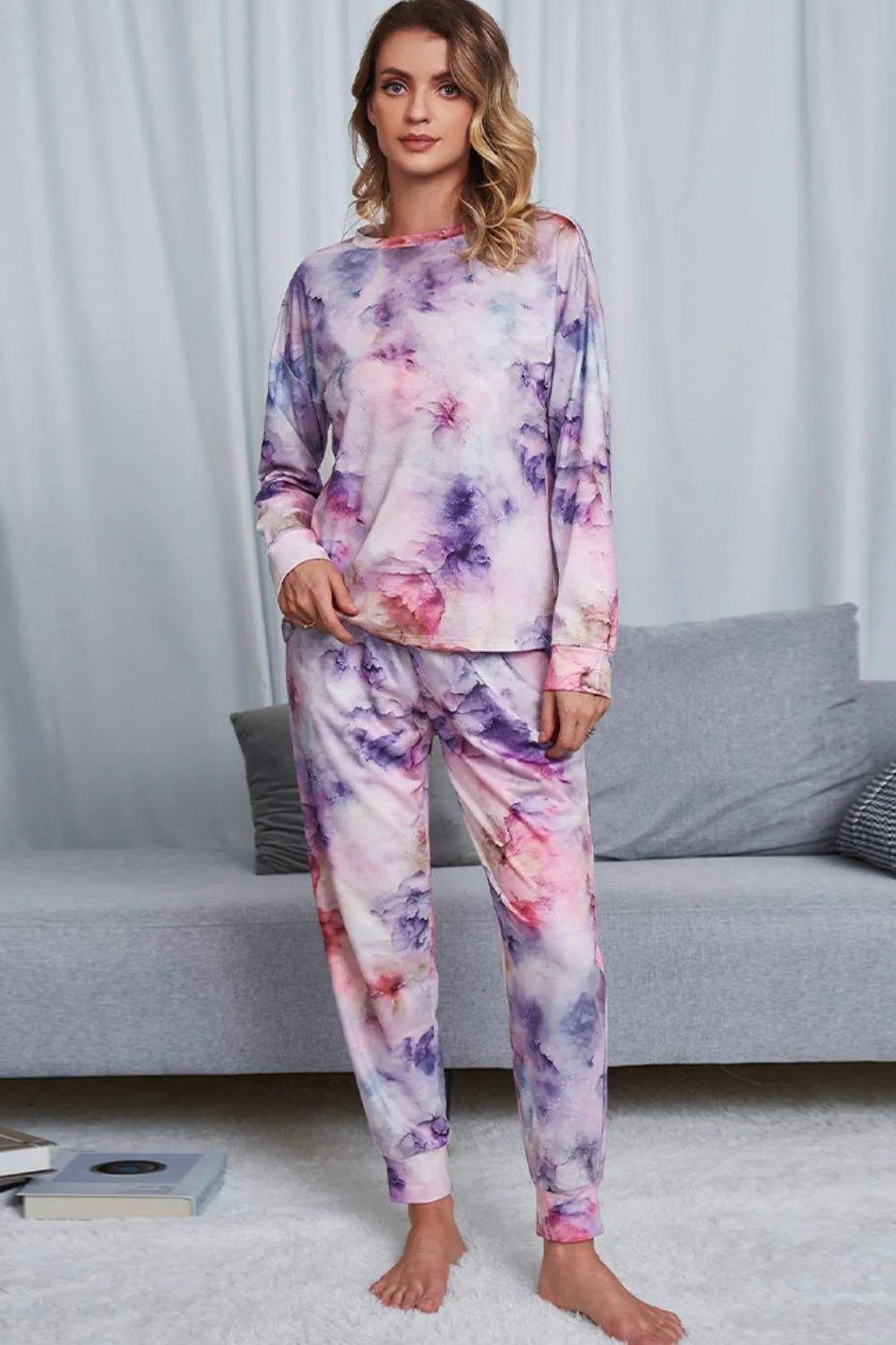 Tie-Dye Crewneck Top and Drawstring Waist Joggers Lounge Set Pink Purple Loungewear Sets - Tophatter Daily Deals