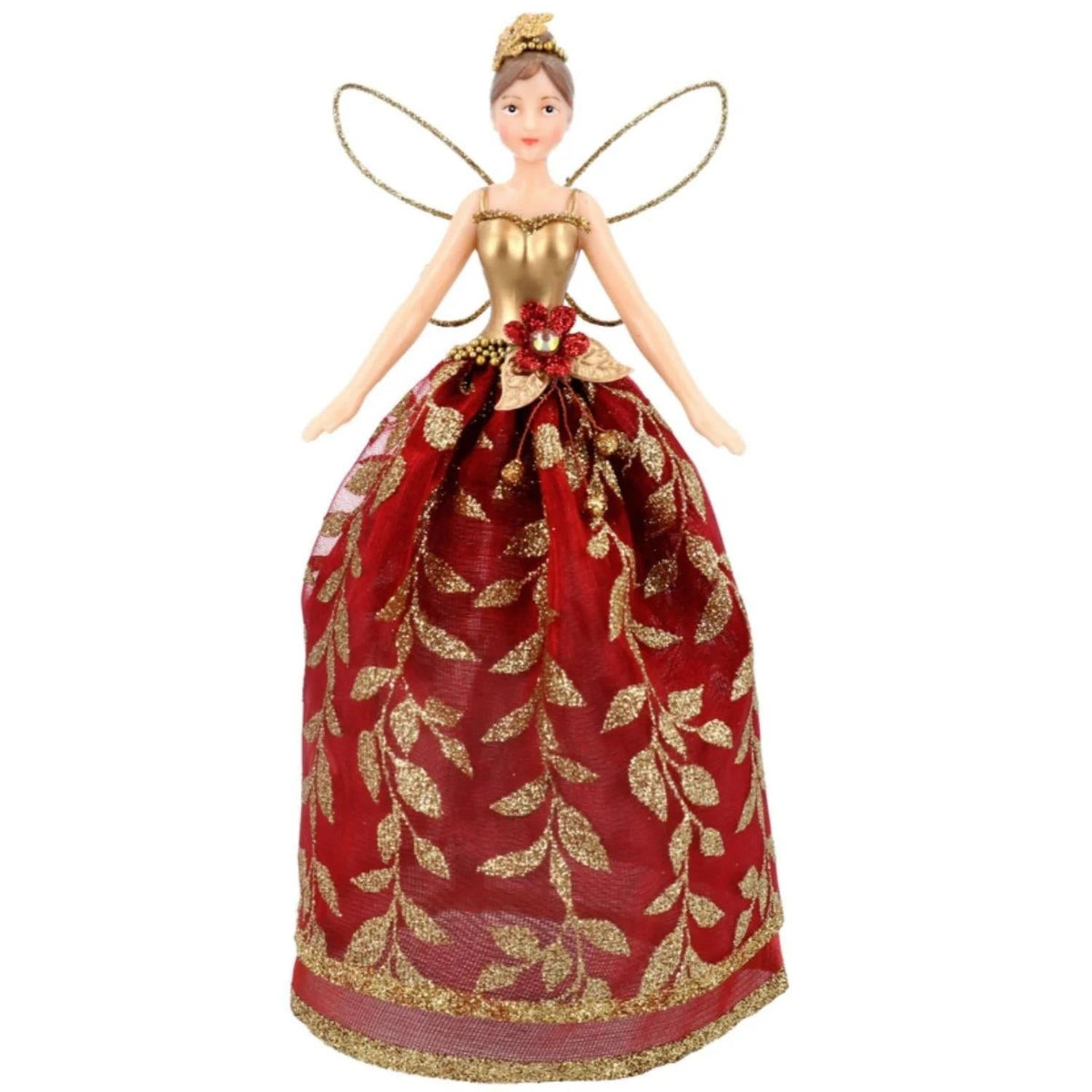 Red Fairy Christmas Tree Topper | Gold Leaf Fairy Angel Tree Ornament - 18cm Tree Decoration - Tophatter Daily Deals