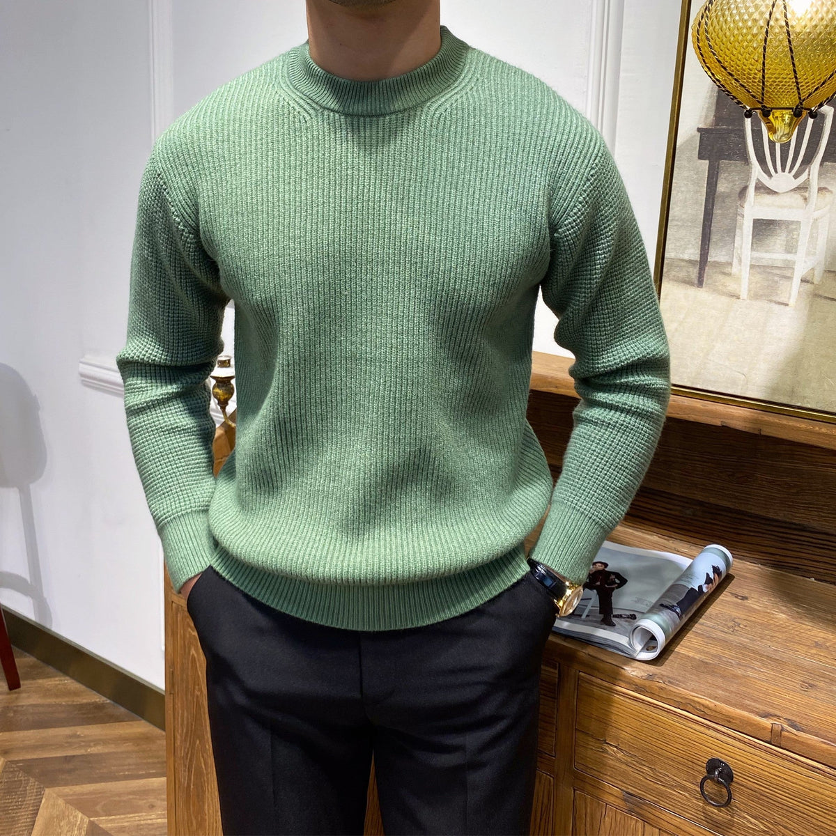 Warm Mens Crewneck Sweater - Ribbed Knit, Acrylic, Winter Green 3D Changing Face Moving Picture Frame - Tophatter Daily Deals