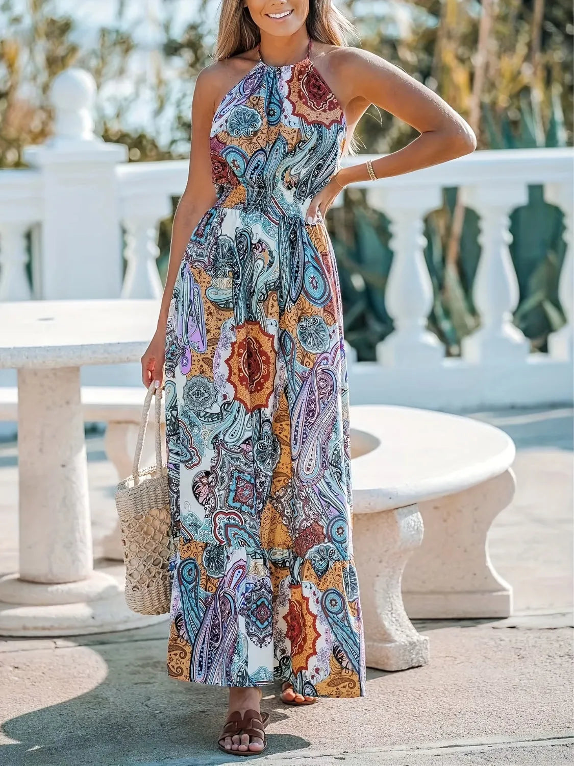 Printed Halter Neck Maxi Dress Casual Dresses - Tophatter Daily Deals