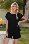 Round Neck Short Sleeve T-Shirt and Drawstring Shorts Lounge Set Black Loungewear Sets - Tophatter Daily Deals