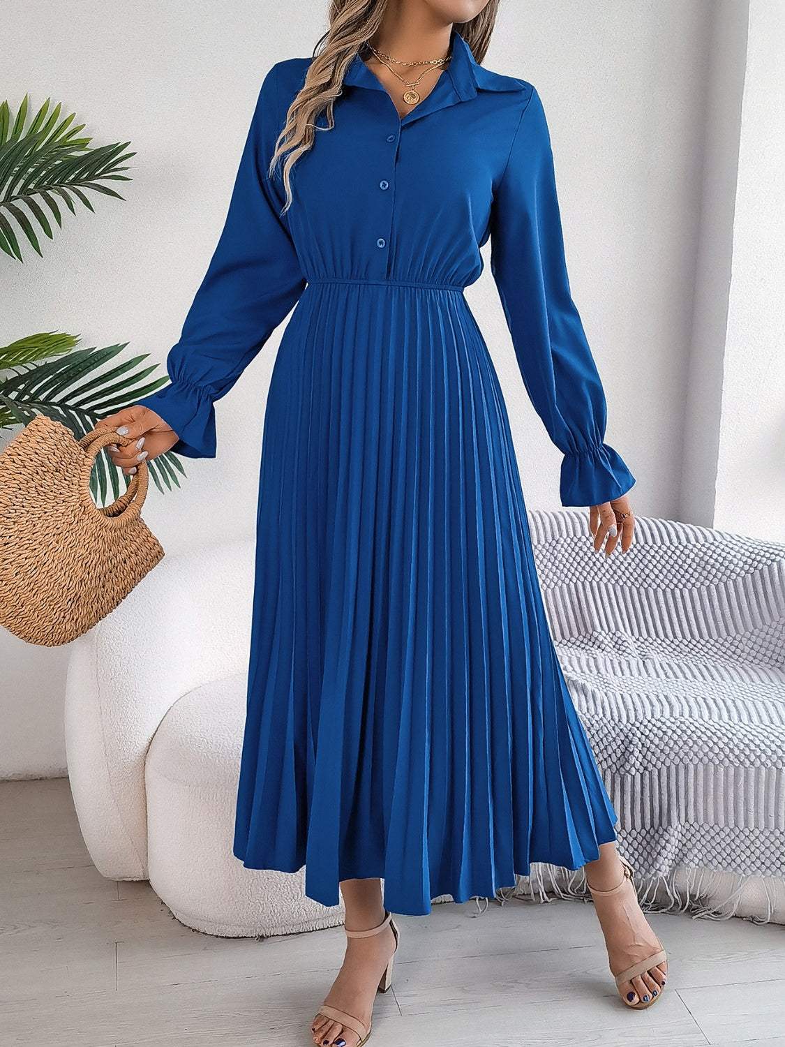 Pleated Half Button Long Sleeve Midi Dress Royal Blue Casual Dresses - Tophatter Daily Deals