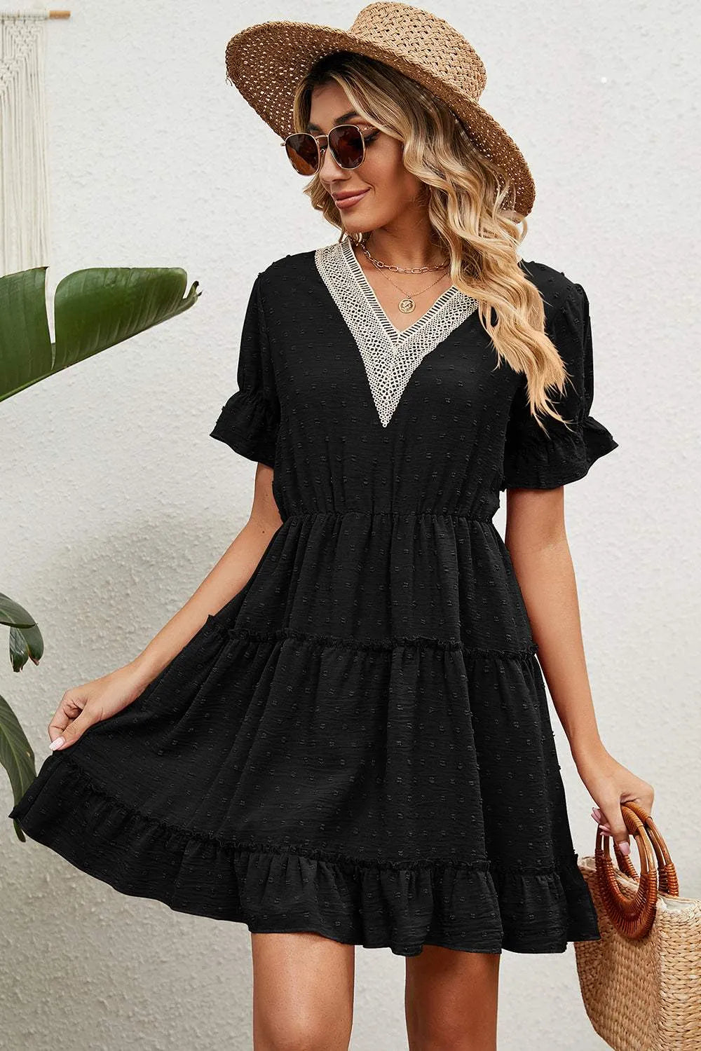 Swiss Dot V-Neck Flounce Sleeve Mini Dress Casual Dresses - Tophatter Daily Deals