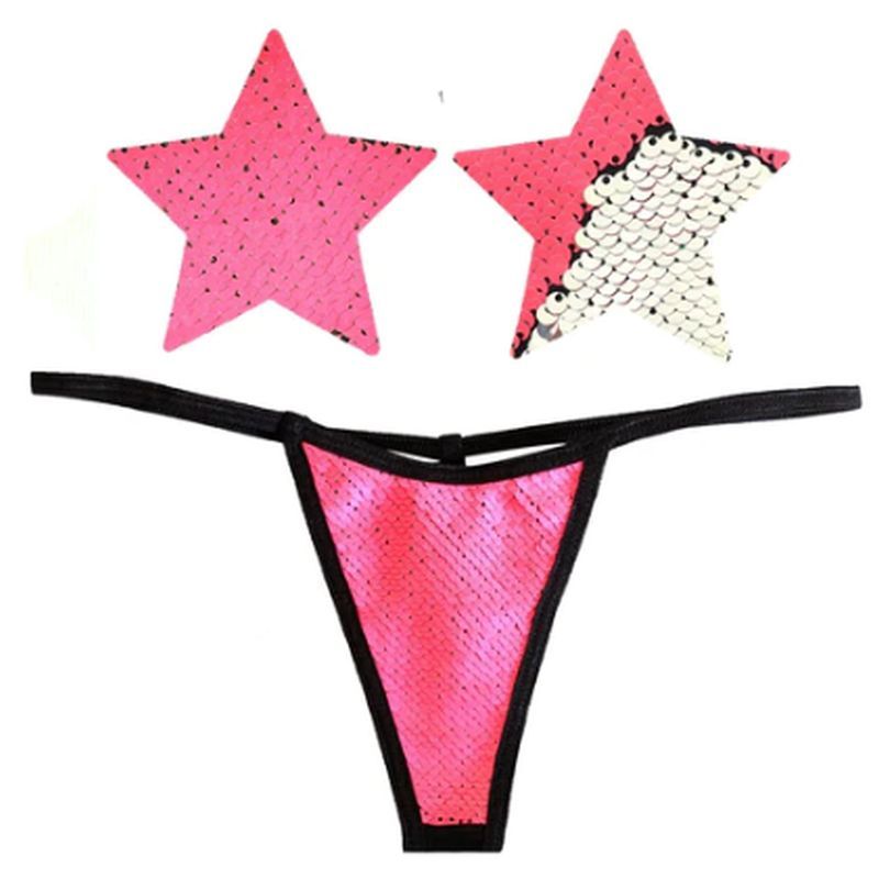 Neon Pink and Silver Blacklight Sequin Pastie and Panty Set > Clothes > Lingerie Sets - Tophatter Daily Deals