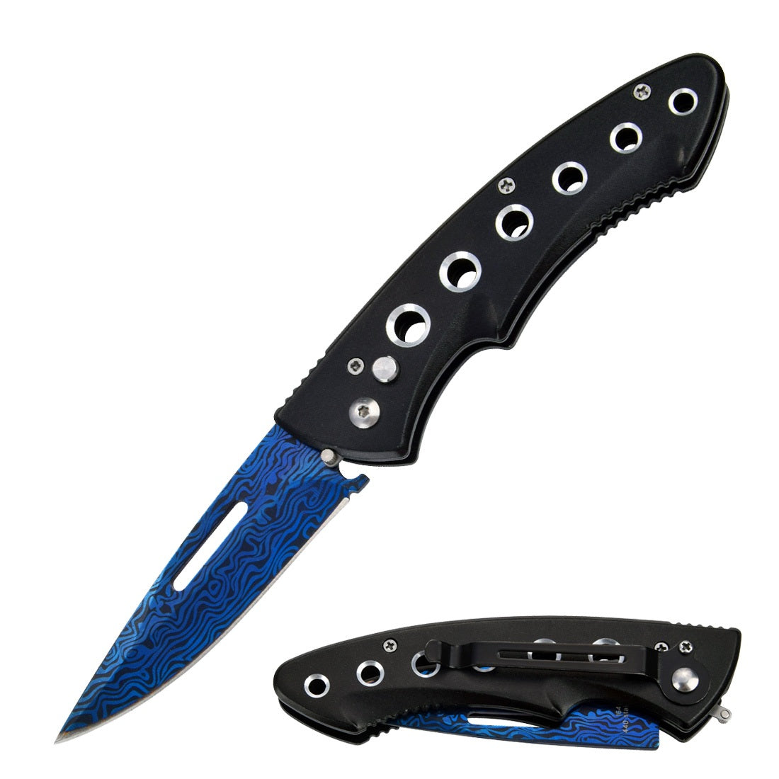 Clip Point Ballistic Auto Push Button Titanium Blue Damascus Etched Blade Pocket Knife - TOPHATTER'S ARMORY DEALS Collectible Weapons - Tophatter Daily Deals
