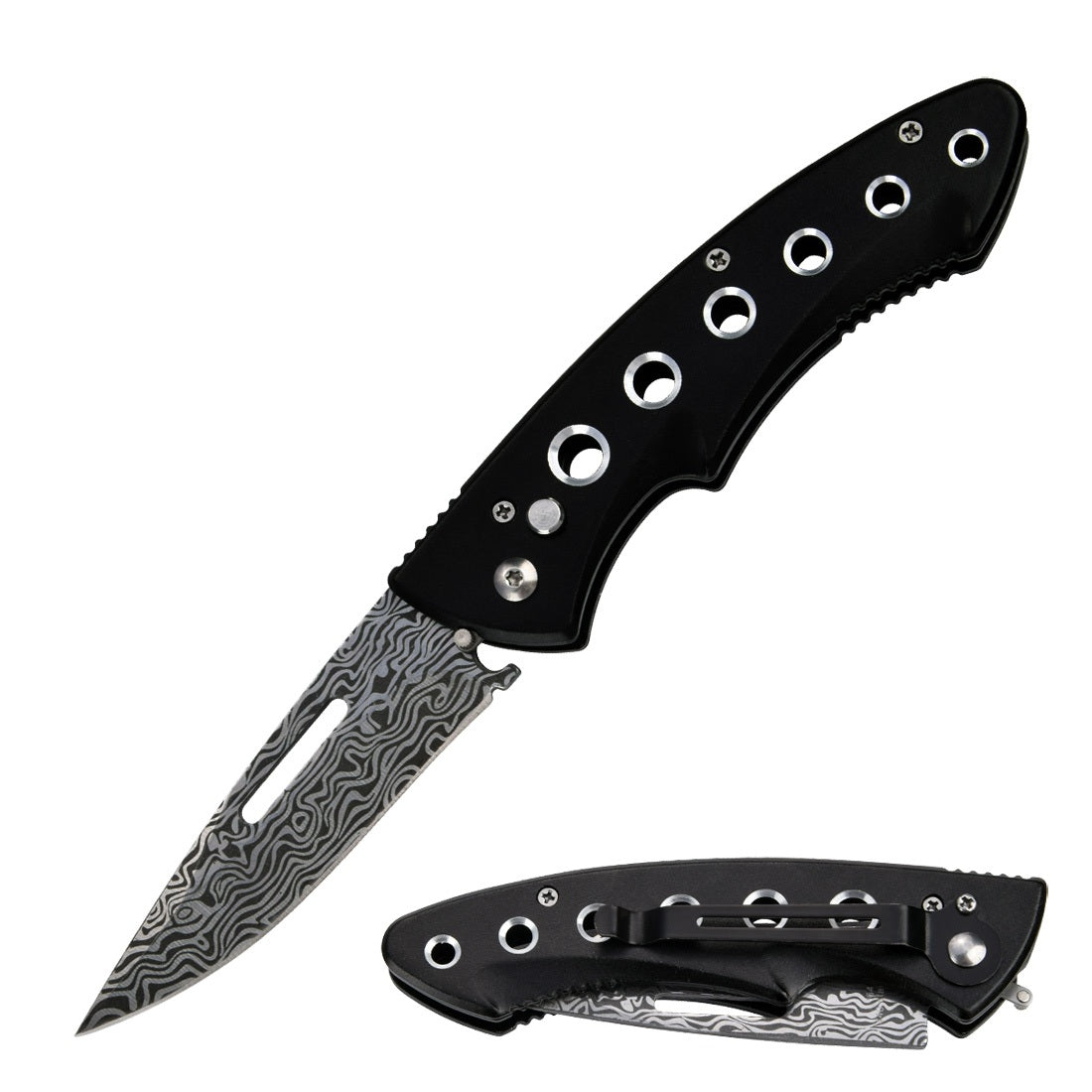 Clip Point Ballistic Auto Push Button Damascus Etched Blade SwitchBlade Pocket Knife - TOPHATTER'S ARMORY DEALS Collectible Weapons - Tophatter Daily Deals
