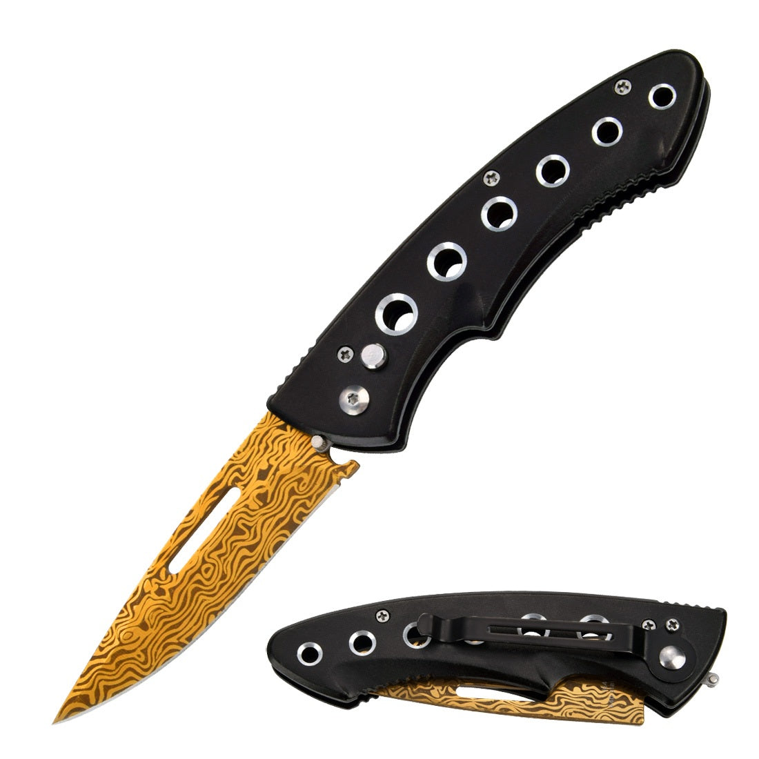 Clip Point Ballistic Auto Push Button Titanium Gold Damascus Etched Blade Pocket Knife - TOPHATTER'S ARMORY DEALS Collectible Weapons - Tophatter Daily Deals
