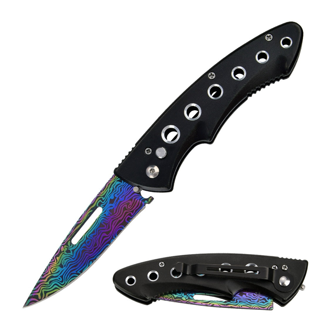 Clip Point Ballistic Auto Push Button Rainbow Titanium Damascus Etched Blade Pocket Knife - TOPHATTER'S ARMORY DEALS Collectible Weapons - Tophatter Daily Deals
