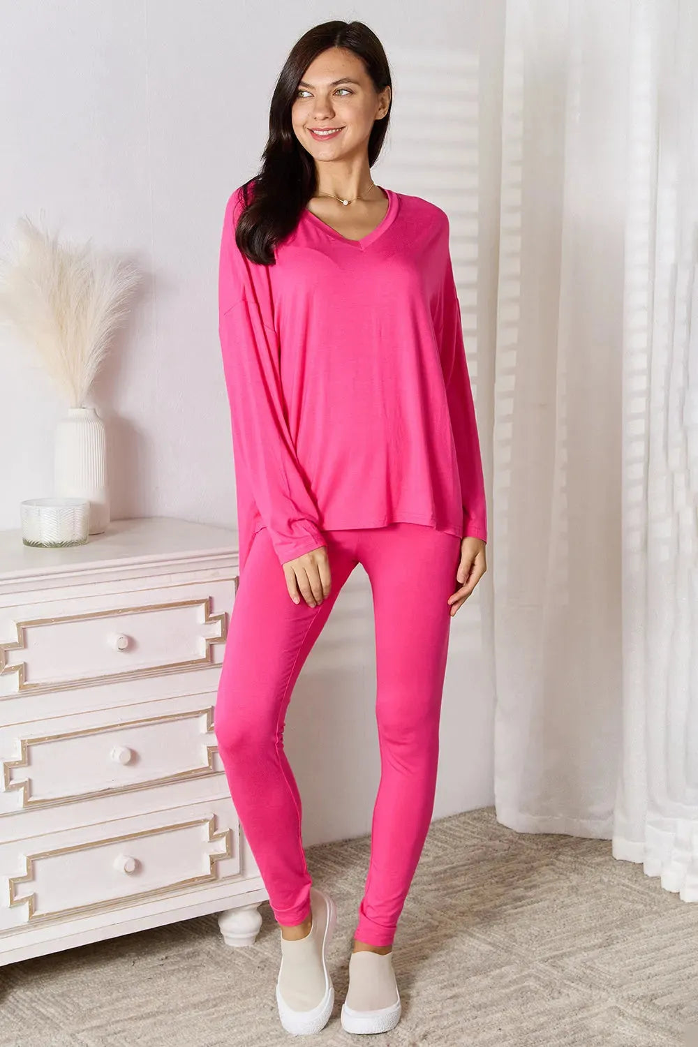 Basic Bae Full Size V-Neck Soft Rayon Long Sleeve Top and Pants Lounge Set Hot Pink Loungewear Sets - Tophatter Daily Deals