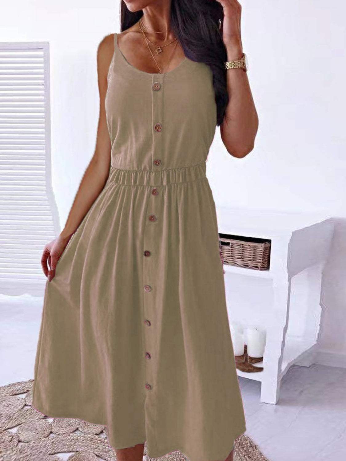 Decorative Button Spaghetti Strap Dress Khaki Casual Dresses - Tophatter Daily Deals