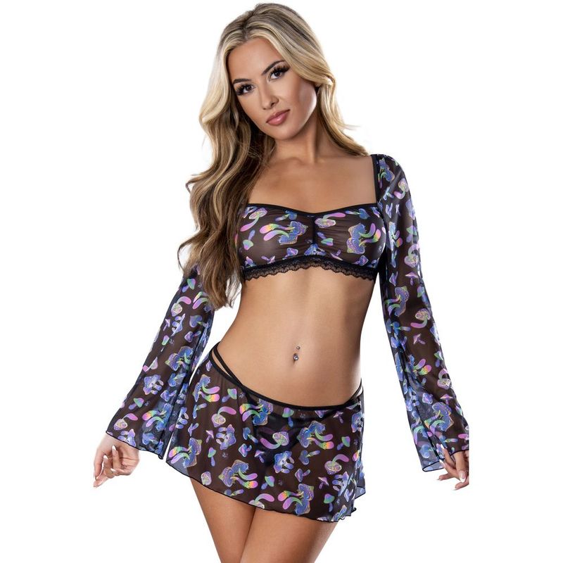 Exposed Mushroom Crop Top Skirt and G-String Set (Blacklight Reactive) – Lingerie Set > Clothes > Dresses and Chemises - Tophatter Daily Deals